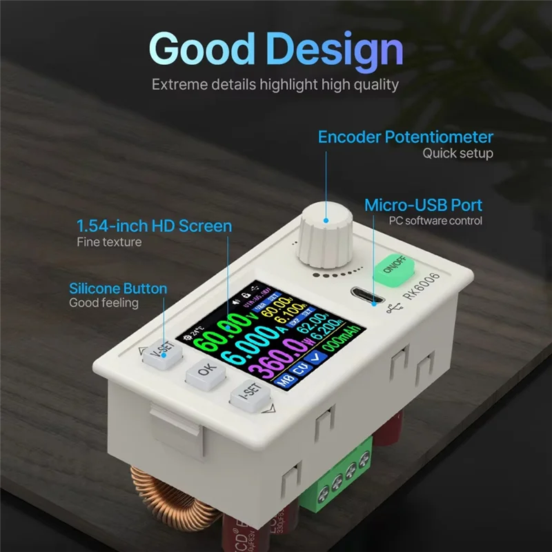 AB15-RK6006-BT 60 فولت شاشة ديجيتال قابل للتعديل تيار مستمر الجهد المنظم 6A مايكرو USB واجهة 1.54 بوصة شاشة الكريستال السائل