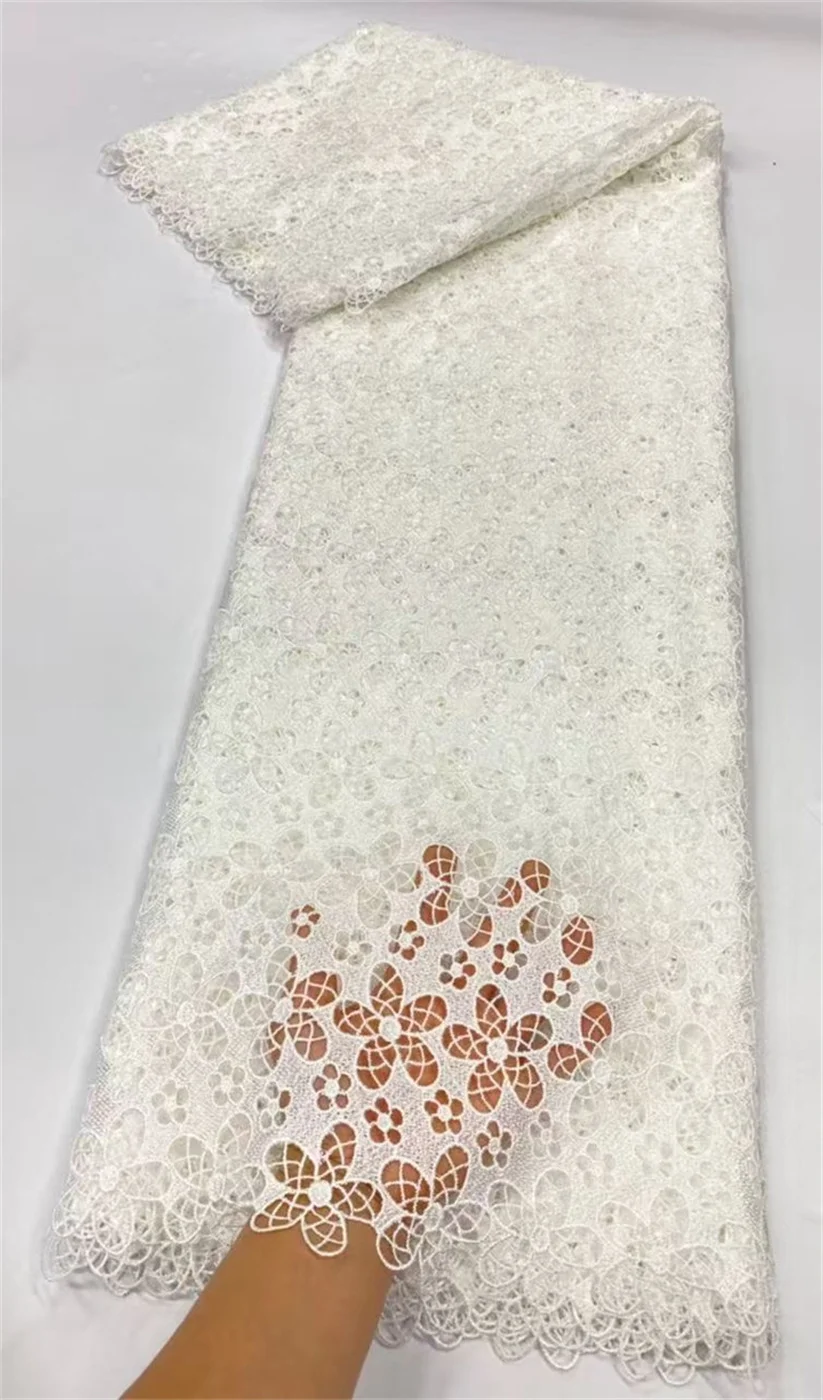 

5 Yards African Water Soluble Lace Fabric Nigerian Fantastic rhinestone bead Sequins Guipure Cord Lace for Women Wedding Dresses