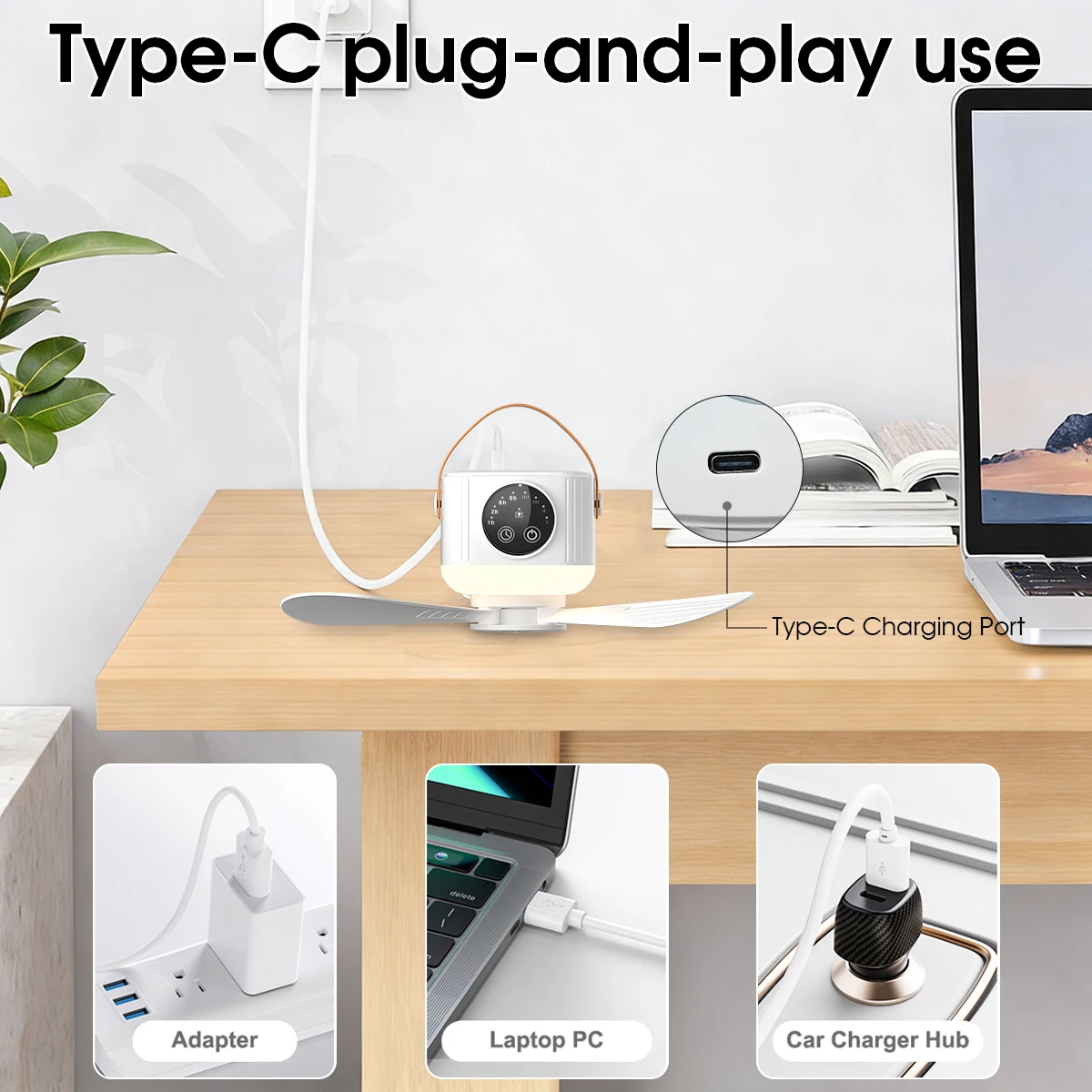 Wiederaufladbarer Hängeventilator, 3600 mAh, 4 Geschwindigkeitsstufen, 3 Lichtstufen, tragbarer USB-Deckenventilator für Zelt, Camping, Reisen – Detail 7