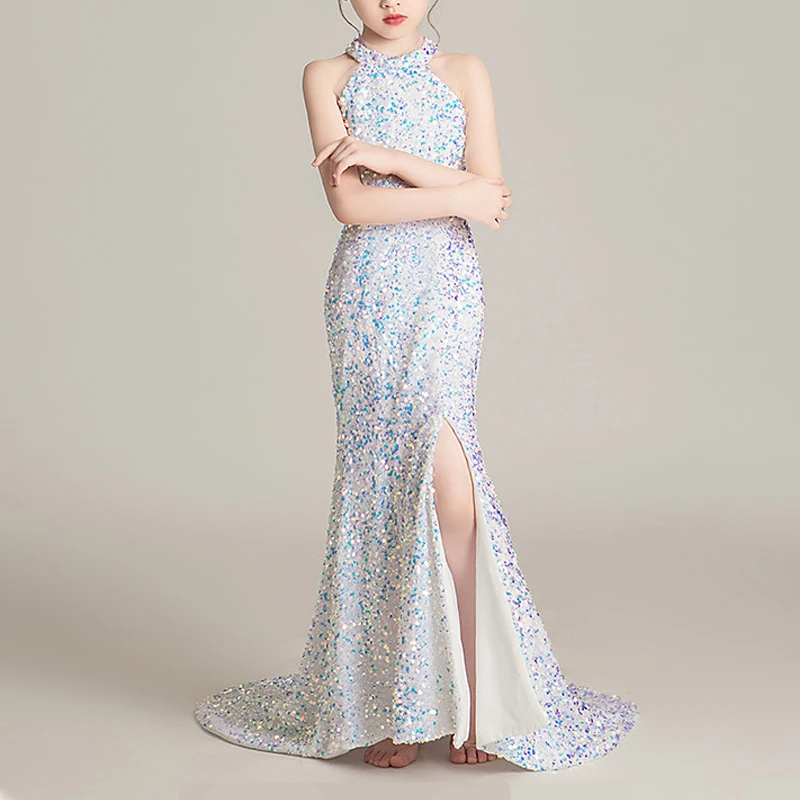 Kids Teen Birthday Party Gown Floor-length Tail Dress Girls Sequin Long Prom Dress Sparkle Evening Graduation Performance Dress