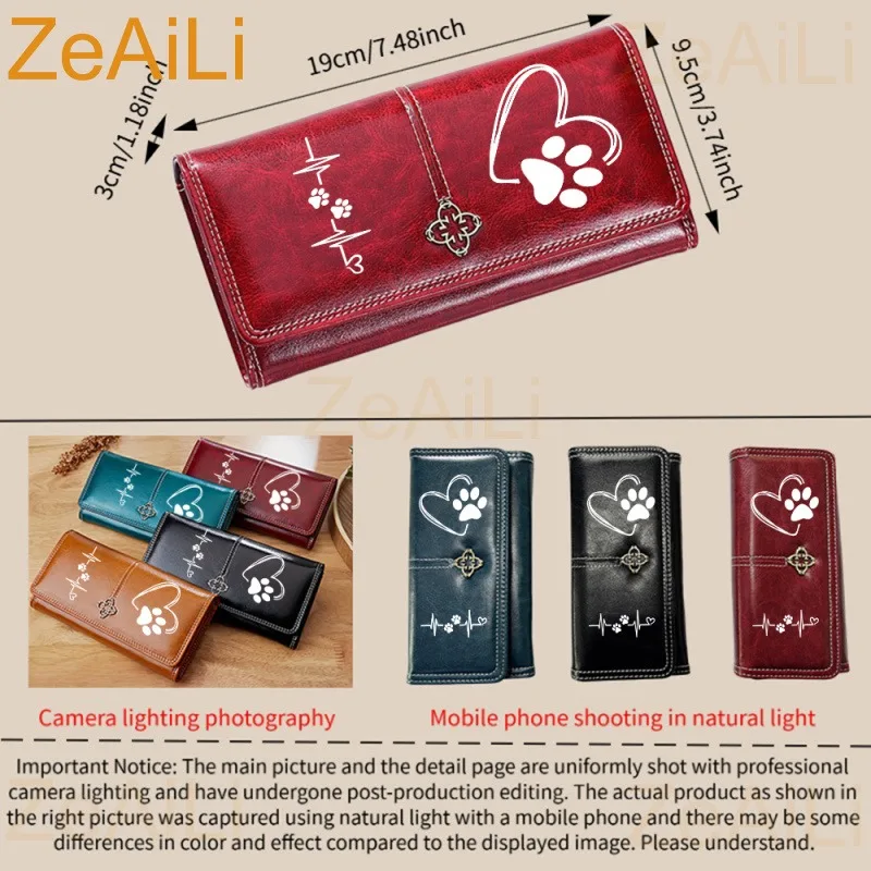 Heart-Shaped Paw Print Leather Women's Wallet Luxury Long Purses Women Cards Holder Wallets with Zip Coin Pocket Ladies Handbags