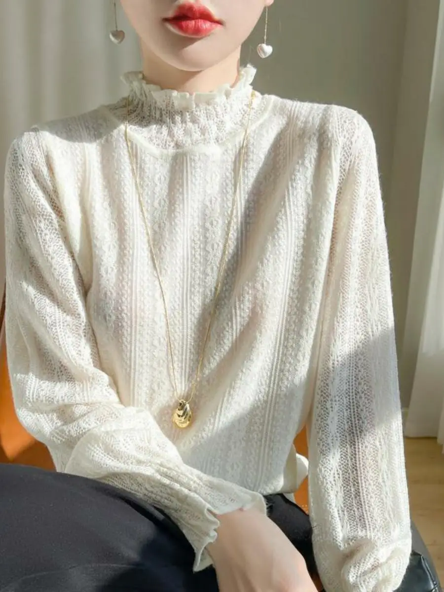 

Осень-зима, новинка, женский длинный кружевной вязаный топ с деревянными вырезами, свободный крой, топ с высоким воротником