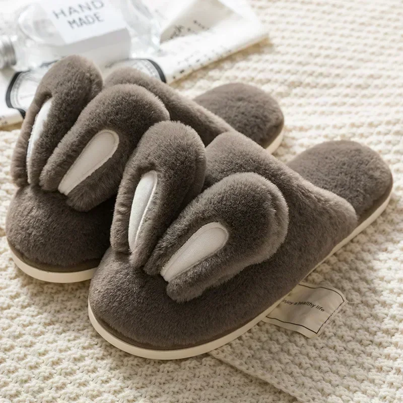 Women Men Winter Warm Slippers Cartoon Rabbit Furry Thick Soled Slippers Home Cotton Shoes Couples Non-Slip Faux Fur Slides