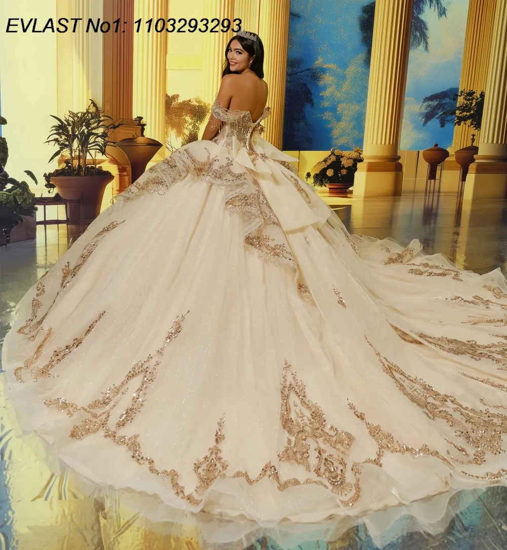EVLAST Customized Glitter Champagne Quinceanera Dress Ball Gown Lace Applique Beading Bow Sweet 16 Vestidos De 15 Anos AQ159