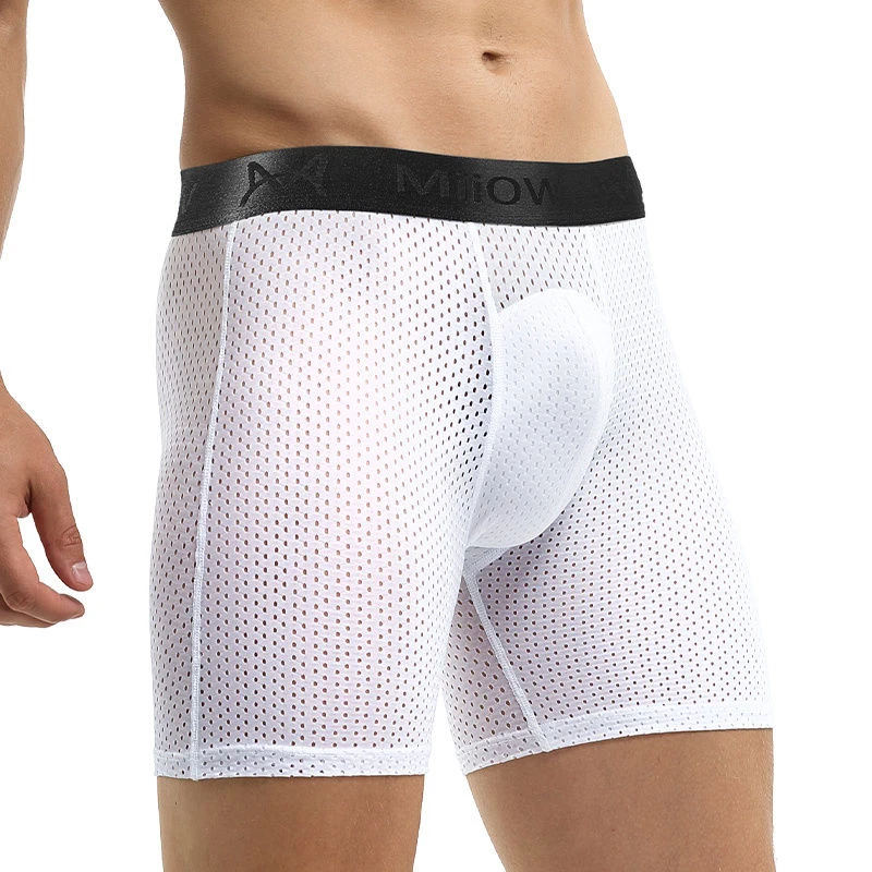 Men's Ice Silk Breathable Mesh Anti Wear Leg Sports Pants Man Boxer Briefs Pants Men Underwear with Built-In Pouch Support