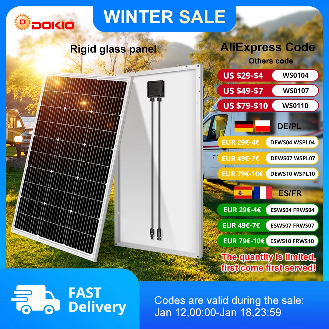 DOKIO 18V 100W-200W panneau solaire rigide chine panneau solaire étanche en silicium monocristallin # DSP-100M/DSP-100MX2 Camping/maison/RV