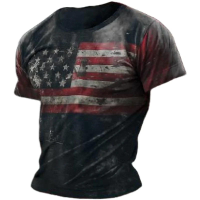 American Men\'s T-shirts Casual Loose Round Neck US Flag Short Sleeved Tops Tees Streetwear Men\'s Clothing Oversized T shirts 3XL