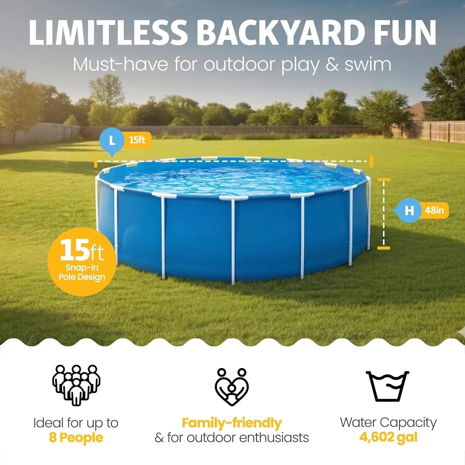 15ft x 48in Round Above Ground Outdoor Swimming Pool with Repair Patch, Custom