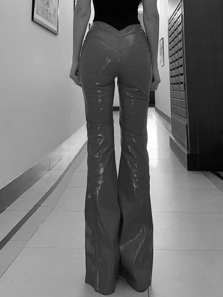 BKQU فاسق منخفضة الخصر بنطال جلدي النساء خمر الشارع الشهير Y2K Ruched نحيل أسود مضيئة بنطلون موضة الهيب هوب قيعان 2025 #5