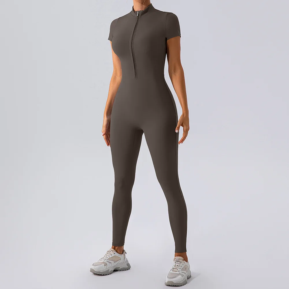 Tute da donna Manica corta Yoga Sottile Slim Fit Stretch One Piece Pagliaccetto Fitness sexy Abbigliamento sportivo femminile Cerniera stretta da donna
