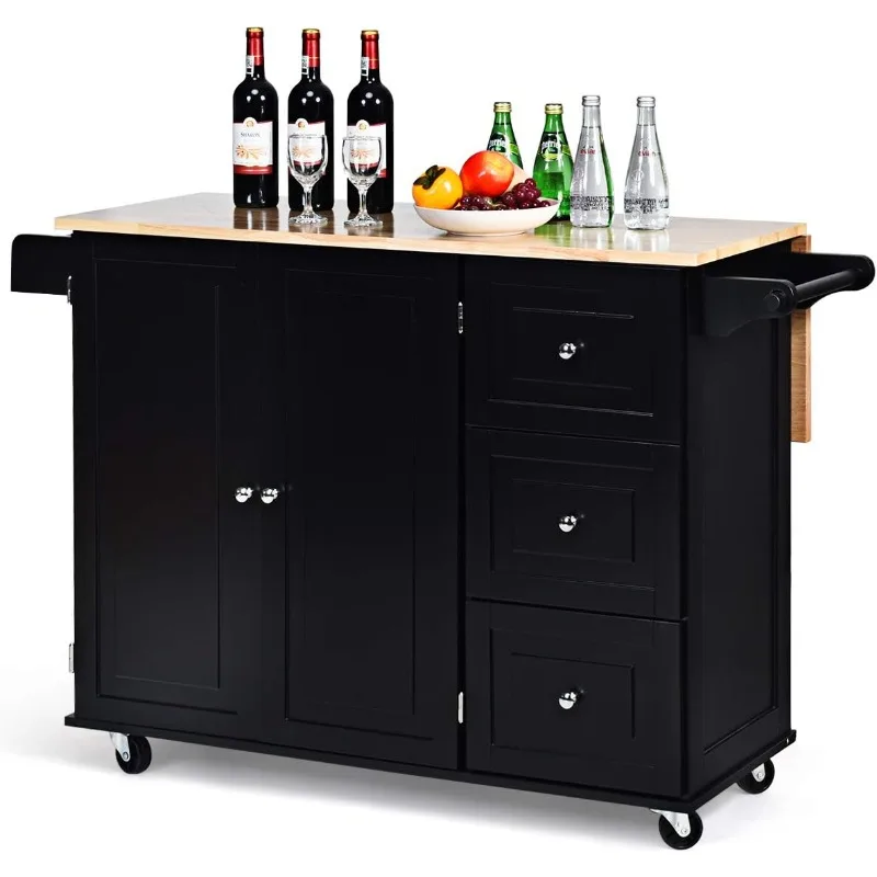 

Kitchen Island Cart with Drop-Leaf Tabletop, Large Trolley Cart with Large Cabinet, 3 Drawers, Towel Rack， Kitchen Furniture