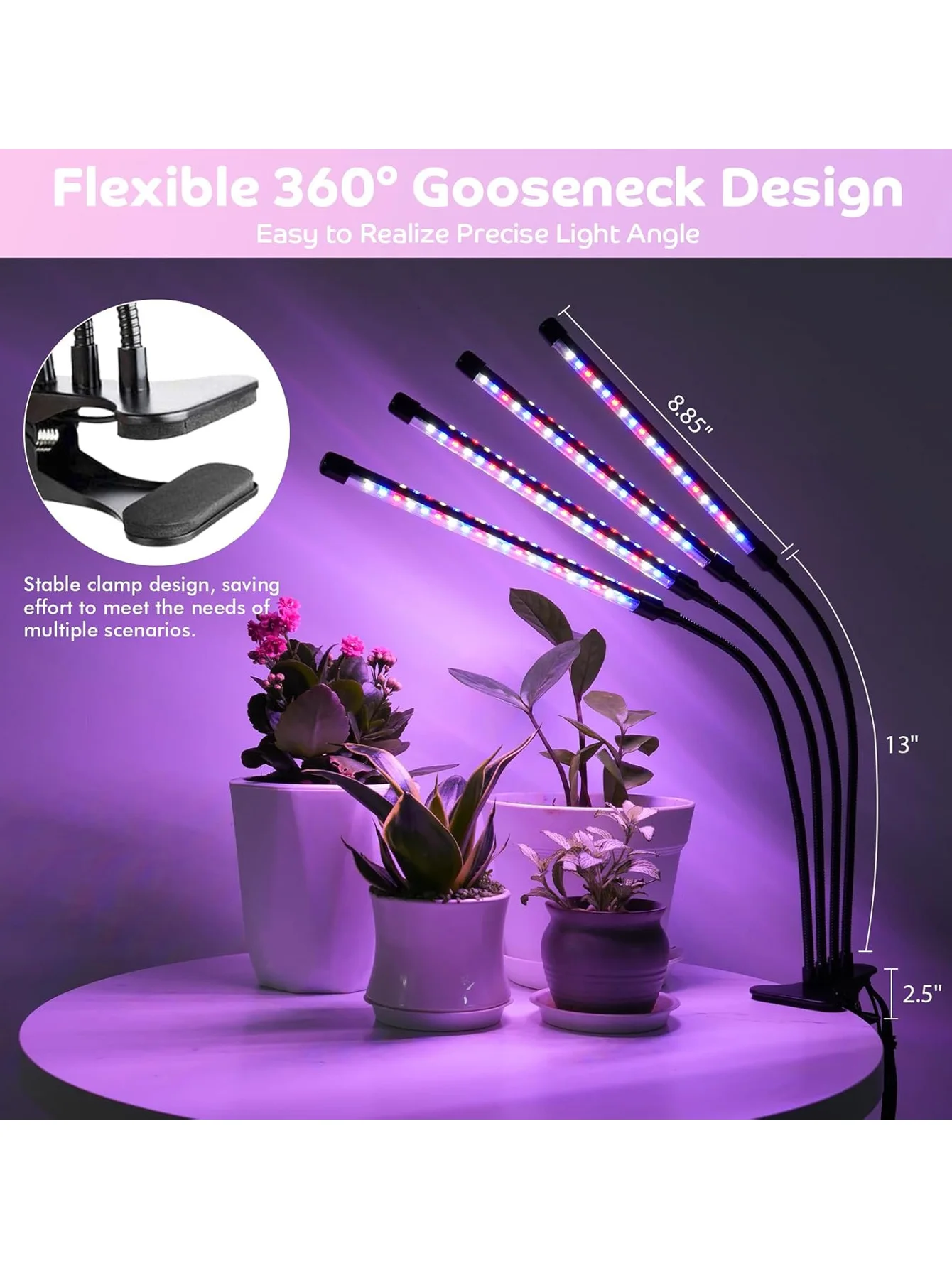 Lampe de croissance de plantes d'intérieur, lampe de croissance de plantes LED, spectre complet, 4 têtes, 3 modes d'éclairage, adaptée aux grandes plantes à fleurs
