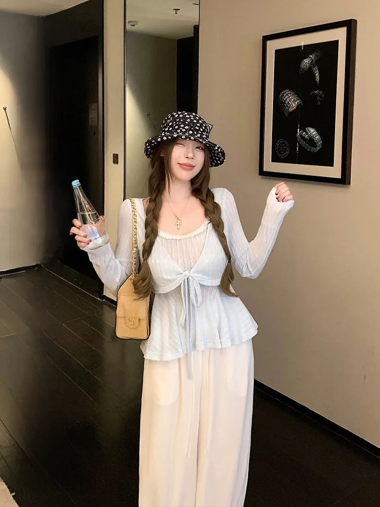 

Luu Long Sleeve Lace Knitted Base Layer round Neck Women's Top Spring Autumn Design Sense Fake Two-Piece Comfortable Korean S...