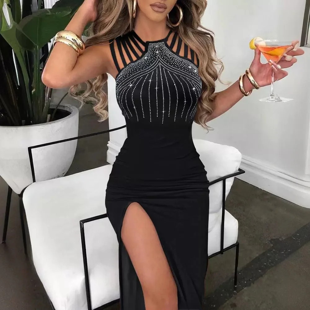 

Women Dress Long Dresses Party Bodycon Sexy Slim Hot Drilling Sleeveless Sheath Solid Tight Waist Elegant Splice Vestidos Summer