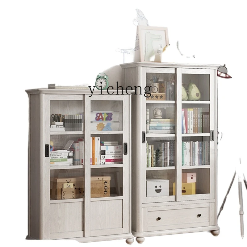 

ZC Sliding Door Bookcase with Glass Door Children's Floor Living Room Solid Wood Shelf Cabinet