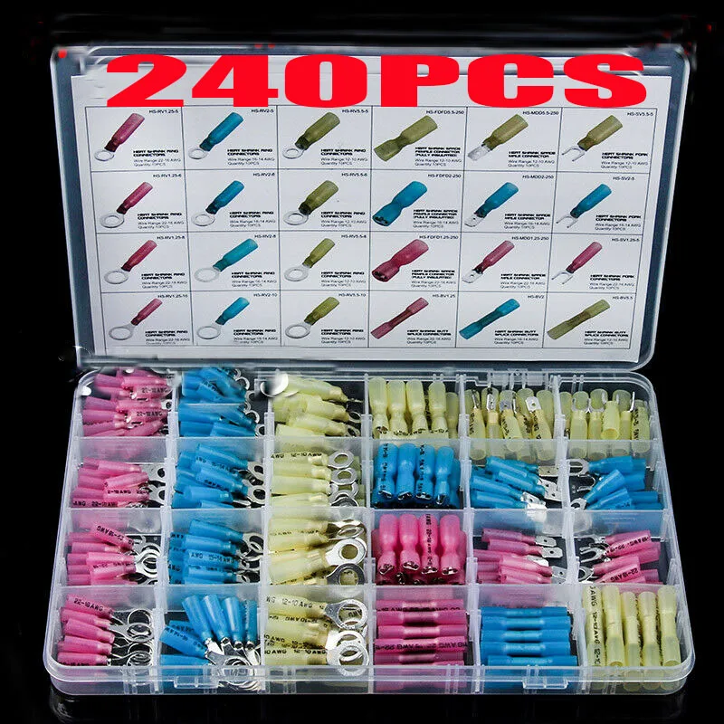 

240pcs Crimp Terminal Assorted Electrical Wire Cable Connector Kit Crimp Insulated Ring Fork Spade Butt Set 10-22AWG