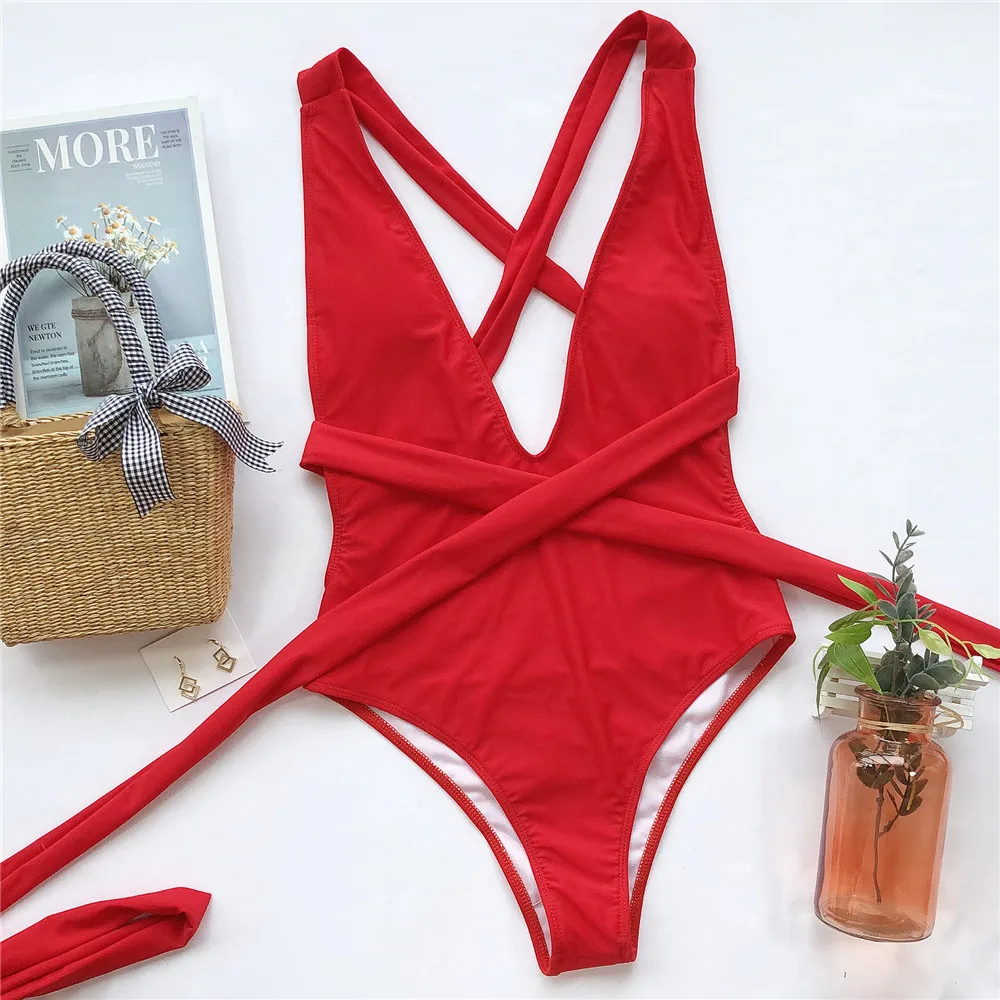 Sexy Red Cross Bandage Backless Swimwear One Piece Swimsuits Women 2024 Knotted Straps Swimming Bathings Suit V Neck Bodysuits