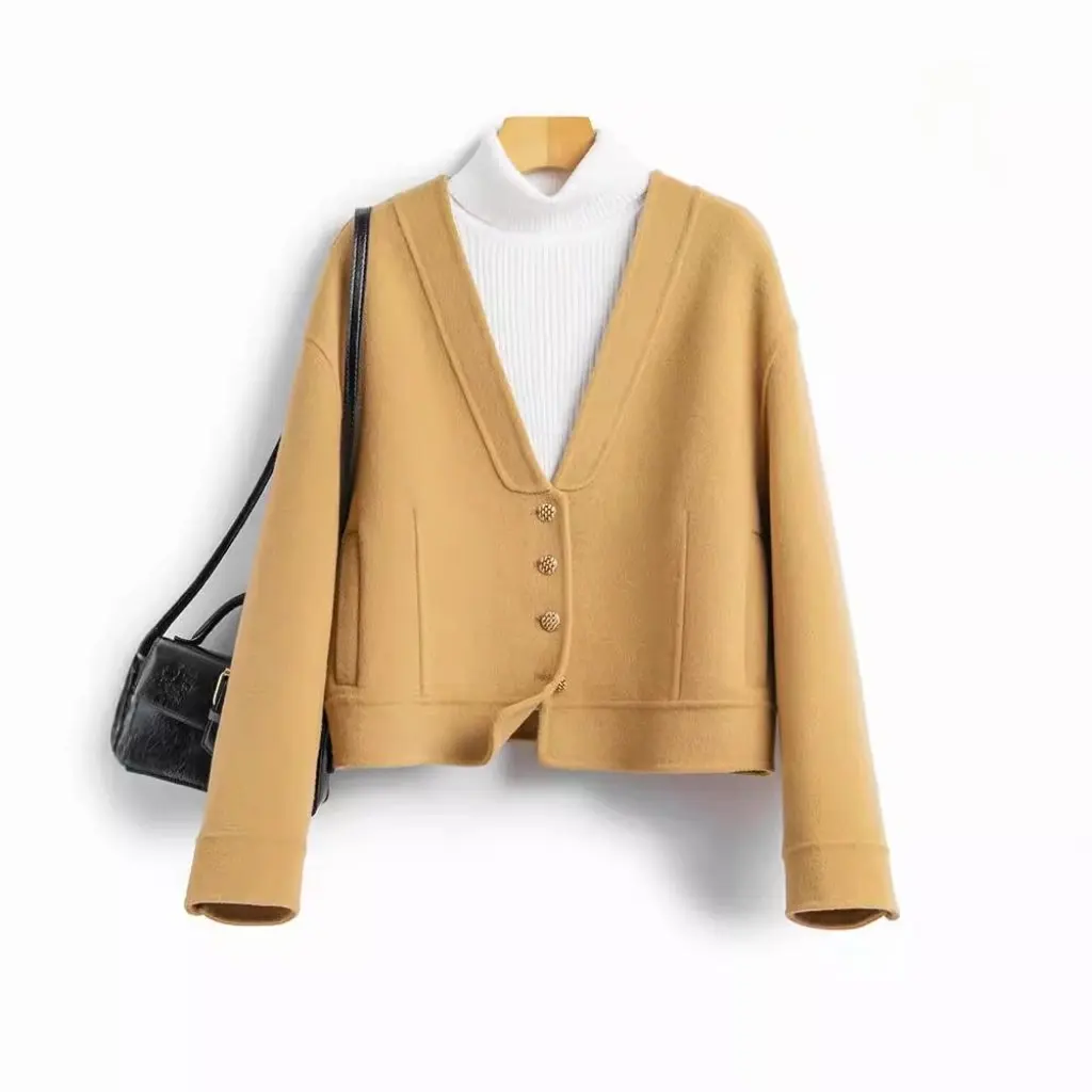 

Women's 100% Pure Wool V-neck Double-sided Tilted Coat Short New Fashion Style Furry Outerwear