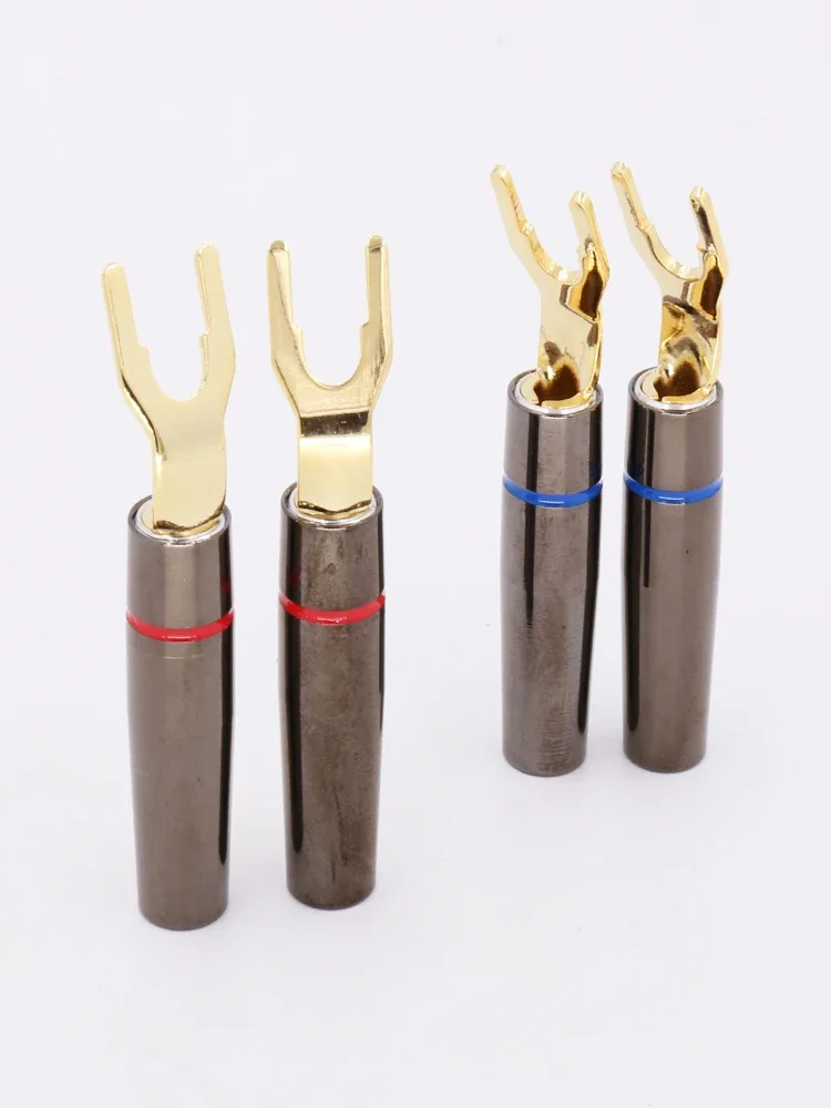 

High Quality 4PCS HI-End Pure copper 24K Gold Plated Spade Plug HIFI Fork Plug Screw Locking Spade Connector