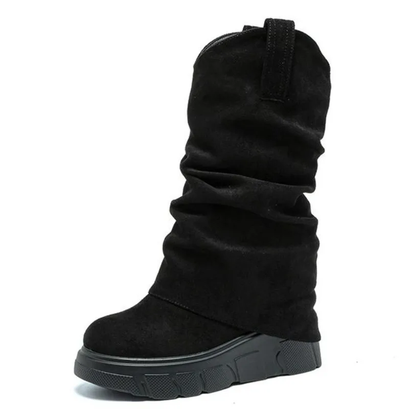 

Женские модные сапоги высотой 10 см, штабелируемые ботинки до колена на высоком каблуке, полиуретановая стелька с круглым носком, резиновая подошва, простой стиль