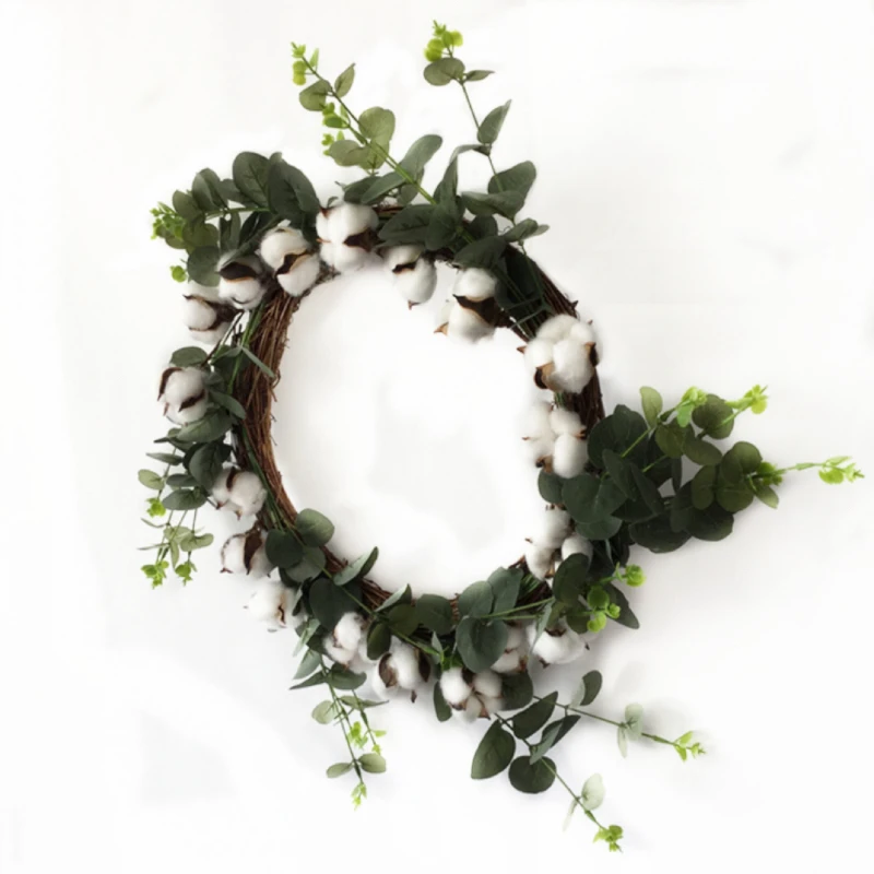 1pc/Lot 2018 New Design Nearly Natural Eucalyptus Cotton Wreath W/Twig Base