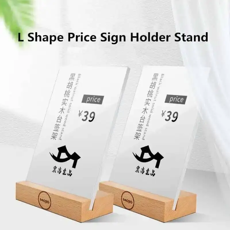 2Pcs 90X60MM Table Number Place Card Holder Wood Base Acrylic Sign Holder Display Stand Price Label Paper Tags L Shape