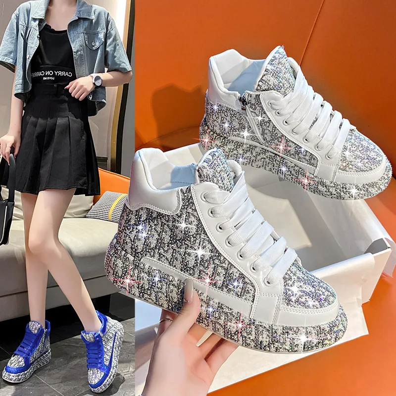 

2024New Arrival Women's High Top Vulcanize Shoes with Sparkling Diamonds, Thick Sole and High-top Designer Women Board Shoes Miu