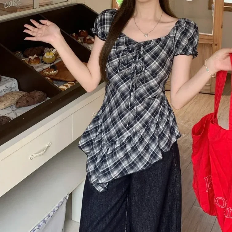 

NICE Korean Style Plaid Shirt Women Summer Fashion Ruffle Sleeveless V-Neck Doll Shirt Small Checkered Pattern Slim Fit Bubble S