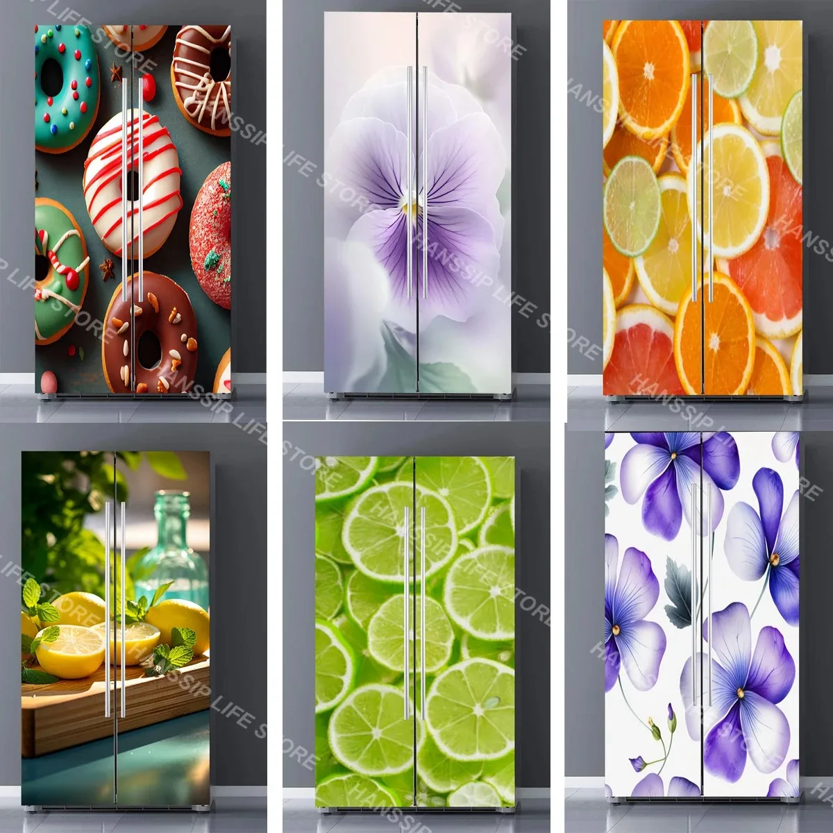 

Purple Flower Lemon 3D Fridge Sticker Self-Adhesive Refrigerator Door Mural Kitchen Home Decor Decals