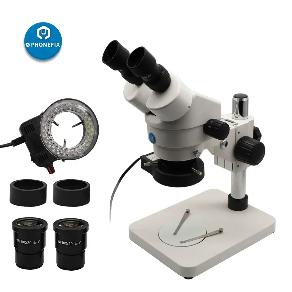 Binocular Stereo Microscope 7X-45X Simul-Focal Continuous Zoom Soldering Microscope with 144pcs LED Light for Phone Repair Tool