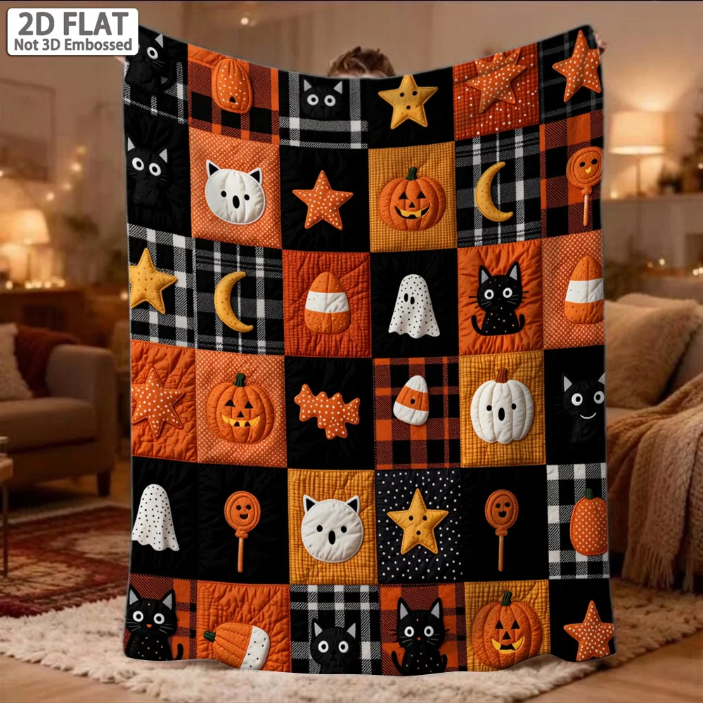 1pc Pumpkin‑Hat‑Cat‑Print Throw Blanket, Decor for Home, Soft Cozy Flannel, Warm Halloween Holiday Gift