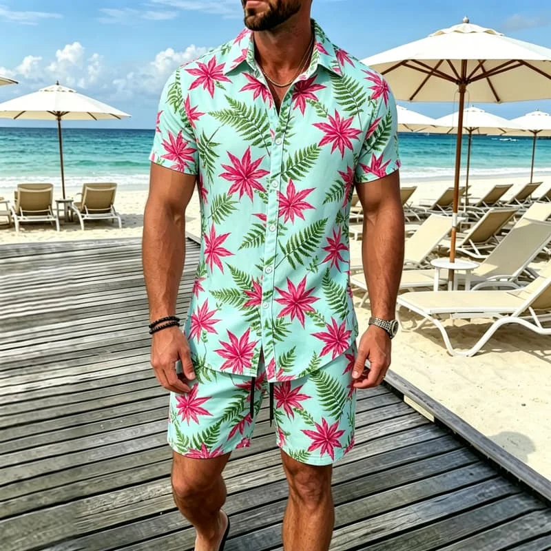 Ensemble deux pièces classique pour homme à imprimé tropical, chemise à manches courtes et short, idéal pour les occasions décontractées et une ambiance insulaire lumineuse