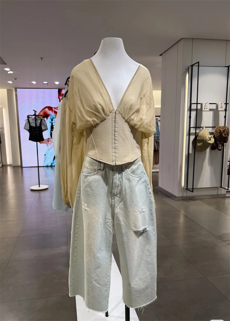Guobioziy 2026 Autumn New Women's Blouse V‑Neck Spliced Waist Corset Puff Long Sleeve Fashion Top