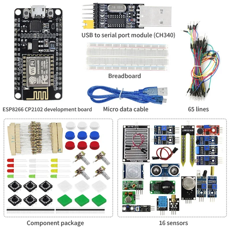 

ESP-12E ESP8266 CP2102 Single-Chip Board +16X Sensors+Component Package+USB To Serial Port Module+65 Jumper+Bread Board