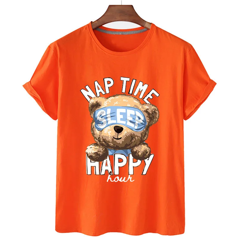 100% Cotton Sleeping Bear Print Shirt Short Sleeve O Neck Loose T-shirt Women's Summer Plus Size T-shirt Men's And Women's S-4XL