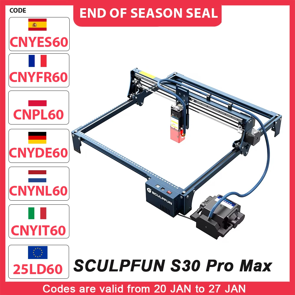 SCULPFUN S30 Pro Max 20W Laser Engraver Cutter, Automatic Air-assist, Laser Focus, 32-bit Motherboard, Replaceable Lens, Laser