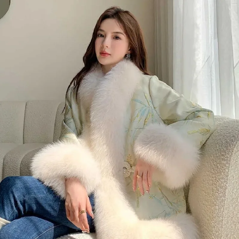 Faux Fox Fur Grass Coat For Women\'s 2023 New Winter Jacket Satin National Wind Button Parka Female Thicken Faux Fur Jacket