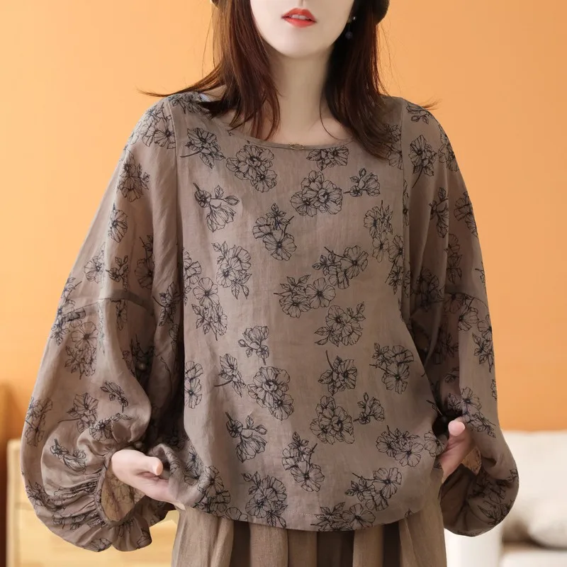 

New Arrival Spring Summer Arts Style Women Lantern Sleeve Loose O-neck T-shirt Vintage Floral Print Tee Shirt Femme Tops P657