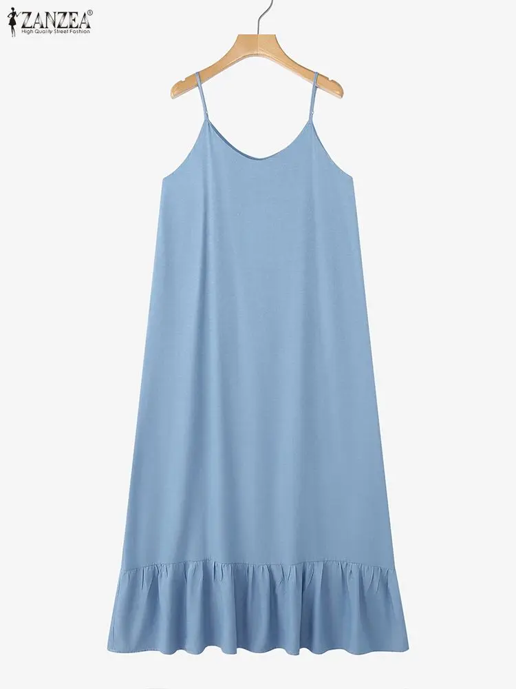 

ZANZEA 2022, летнее платье-комбинезон, мусульманское платье Абая, женское стильное платье на бретелях, однотонное платье с рюшами по подолу, осеннее модное рабочее платье-сарафан