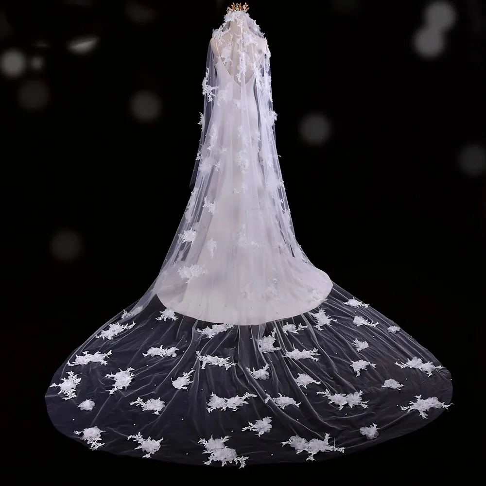 1 Tier Bridal Veil Ivory White Pearls Petal 3D Floral Wedding Veil Long Floral Mantilla Embroidery Veil Chapel Fingertip