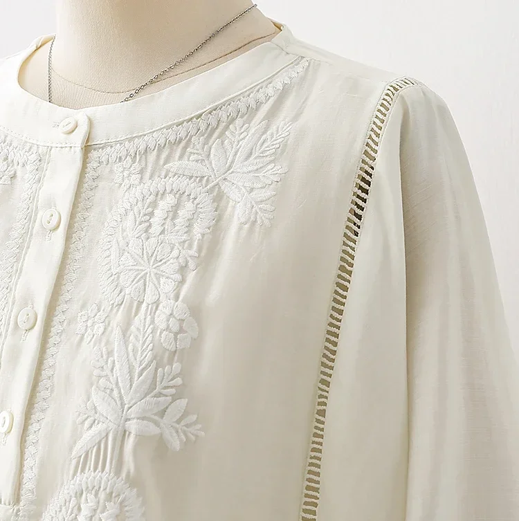 Oversize Loose seven quarter sleeved Blouses Shirts For Women Tops Summer Floral Embroidery Beige Cotton Rayon Boho Blouse Shirt