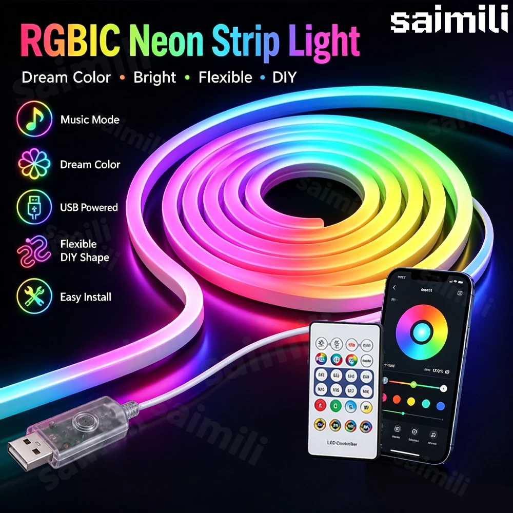 USB WS2812 RGBIC Neon LED Strip Bluetooth APP Control Music Sync Waterproof Flexible Dream Color Light For Gaming Room DIY Decor