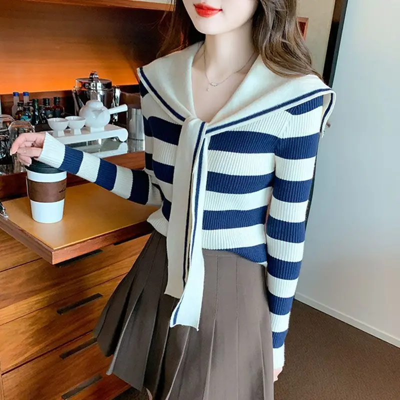 Navy Collar Striped Bow Sweater for Women\'s Autumn Winter Casual Temperament Slim Fit Versatile Knitted Sweater Top for Women