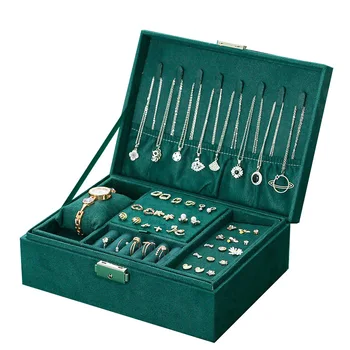 תיבת ארגון תכשיטים מפלנל דו שכבתית בצבע ורוד ירוק עם תצוגת שרשראות, עגילים וטבעות לנשים, נפח גדול עם מנעול
