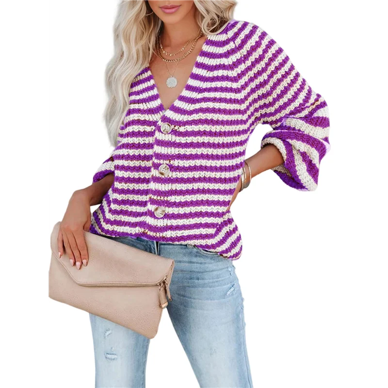 

ABAH-Женский полосатый свитер, пальто, повседневный свободный вязаный кардиган с длинными рукавами и открытой передней частью на пуговицах, осень