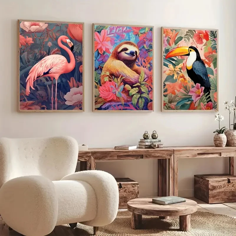 

3pcs/Set Flamingos Toucans Sloths Flowers Animals Canvas Posters Printed Materials Art Walls, Modern Home Living Room Decoration