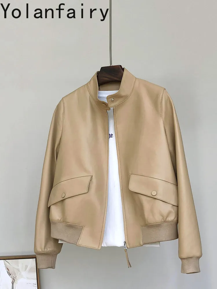 YOLANFAIRY 100% Genuine Leather Jacket Women 2026 High Quality Real Sheepskin Coat Stand Collar Short Leather Jackets Fashion