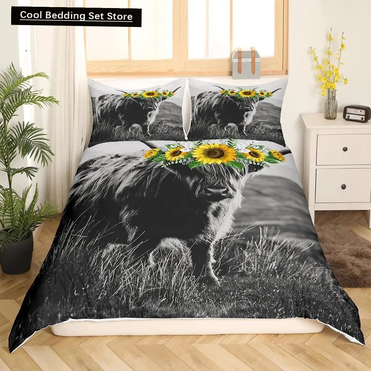 

Highland Cow Duvet Cover Set Twin Size Cattle Flower Bedding Set Yellow Sunflower Western Funny Animal Cow Polyester Quilt Cover