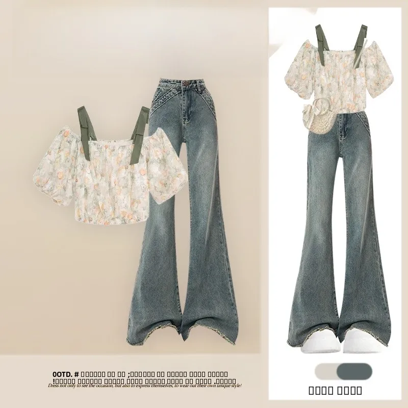 

Korean Floral One Shoulder Short Sleeve Women's Summer New American Retro Low Waist Flared Jeans Set Fashionable Two-Piece Suit