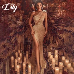 Lily Champagne Trumpet Formal Dress One Shoulder Sequins Pleat فساتين للحفلات الراقصة Feathers Side Split Special Occasion Dress